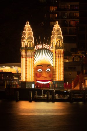 The Luna Park entrance lit up at night